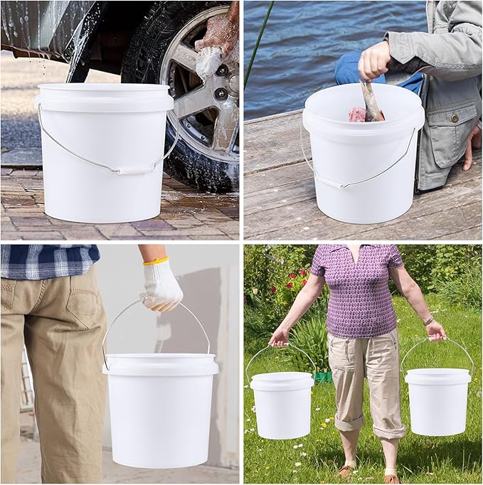 4 Gallon Plastic Bucket Pail Container with Lid, 4-Pack Food Storage Bucket Pail with Handles, White
