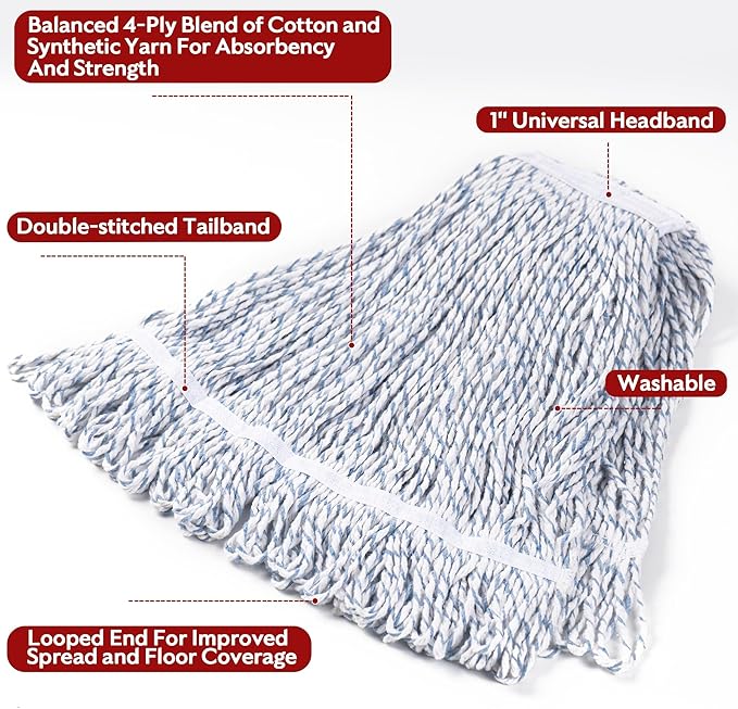 Matthew Cleaning Looped-End Pack of 12 Cotton,1.25'' Universal Headband Heavy Duty Commercial Mop Head Replacement for Indoor&Outdoor Use,Grease Stain Floor Cleaning String Mops Head Refill