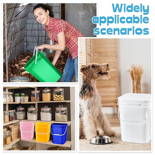 Vesici 6 Pcs 5 Gallon Food Grade Square Buckets with Lids 5 Gal Plastic Food Storage Square Bucket Heavy Duty Industrial Pail Container with DIY Label Stickers Handles for Water Painting(Mix Color)