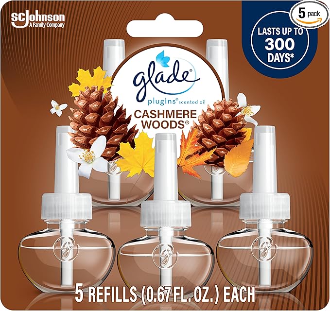 Glade PlugIns Refills Air Freshener, Scented and Essential Oils for Home and Bathroom, Cashmere Woods, 3.35 Fl Oz, 5 Count