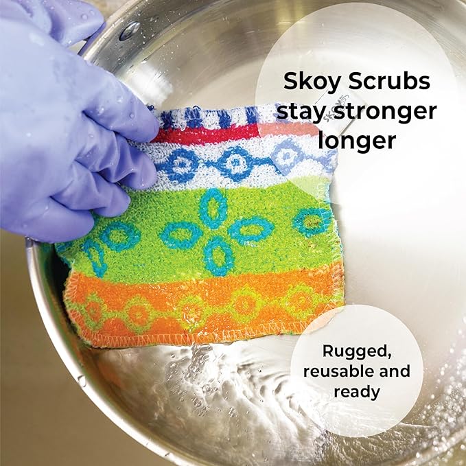 Skoy Scrub, 4-Pack Reusable, Non-Scratching Dish Scrubber for Kitchen and Household Cleaning, Planet-Friendly, Dishwasher Safe Soft Scrub, Monochromatic Colors