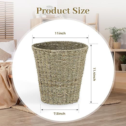Boho Wicker Trash Can with Lid,Waterproof Bathroom Trash Can Hand Woven Wicker Waste Baskets for Kitchen Office Bedroom
