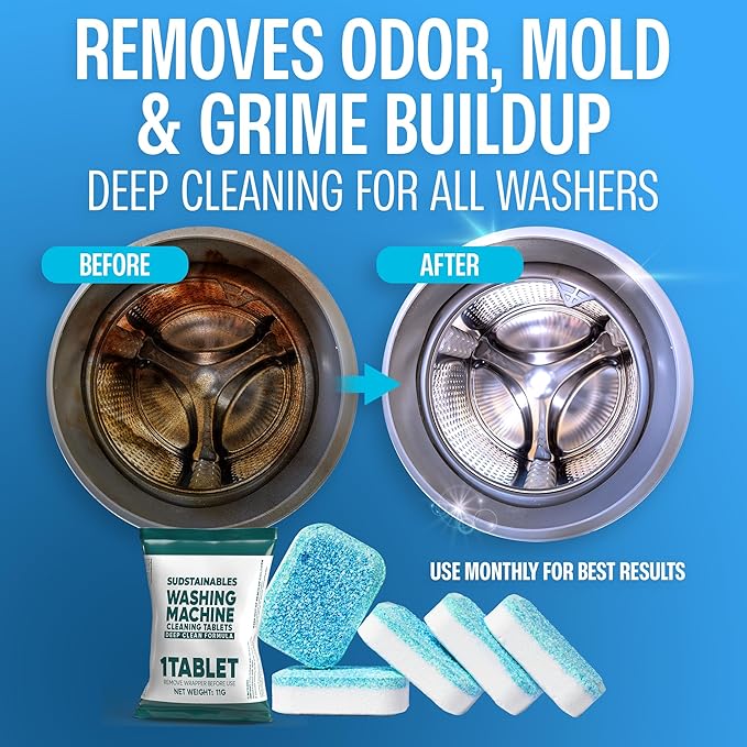 Sudstainables Washing Machine Cleaner Tablets (24-Pack) – Deep Clean Odor & Residue Remover for Front & Top Load Washers, HE & Septic Safe Washing Machine Tub Cleaner for Long-Lasting Freshness