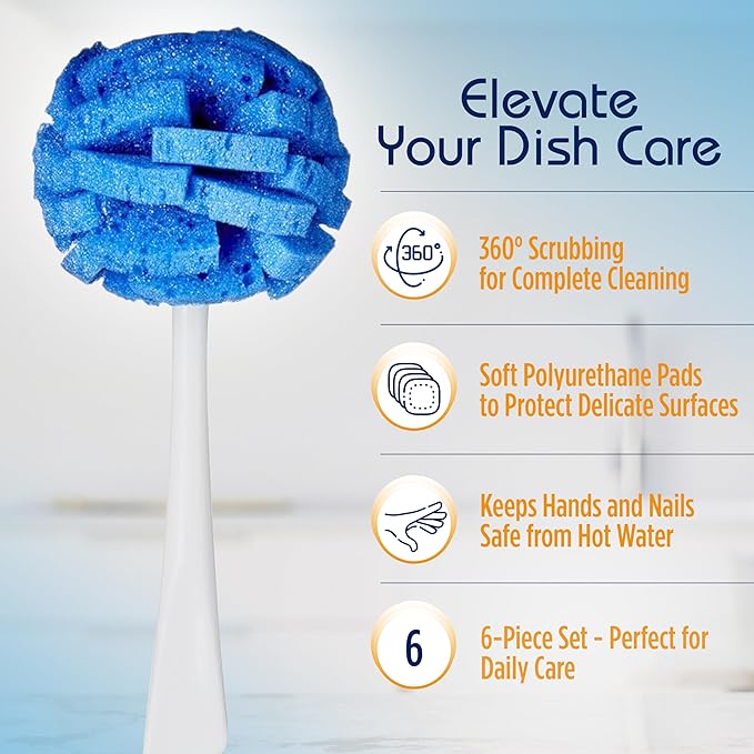 Compac Home Dish Wand China Scrubbing Sponge, Cleans Dishes and Glassware Effectively, Unique Round Ball Shape for All-Around Cleaning, Flexible Brushes are Gentle on Your Nice Dishes, 6 Count