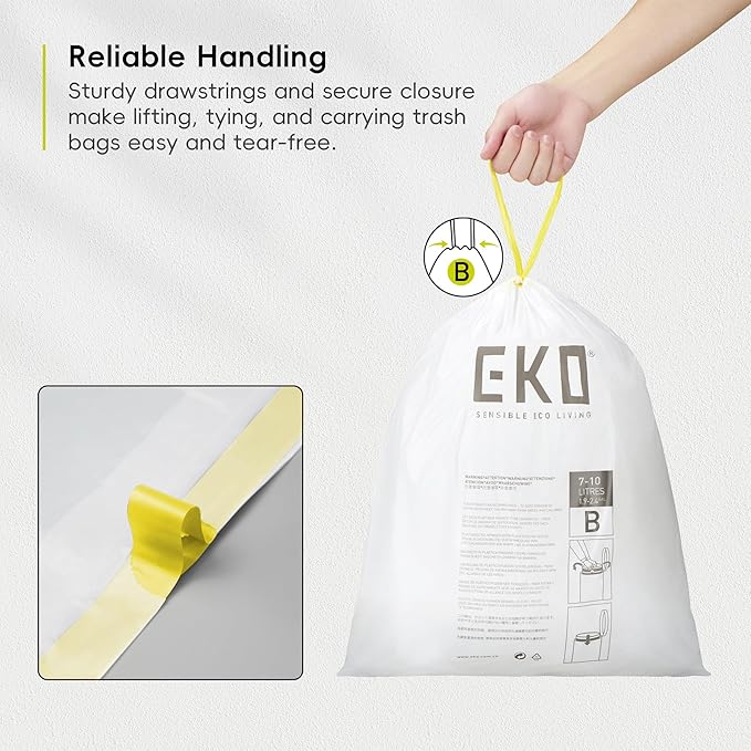 EKO 2.6 Gallon / 7-10 Liter, 80 Count Small Drawstring Trash Bags, Extra-Strong Unscented Garbage Bags, Easy-Dispense Roll for Kitchen & Household Use, Resists Tears, Leaks and Punctures, Code B White