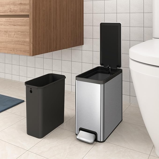 EKO Slim Small Bathroom Trash Can with Lid, Stainless Steel Small Garbage Can with Removable Inner Bucket, 6L / 1.6 Gal, Step On Trash Bin