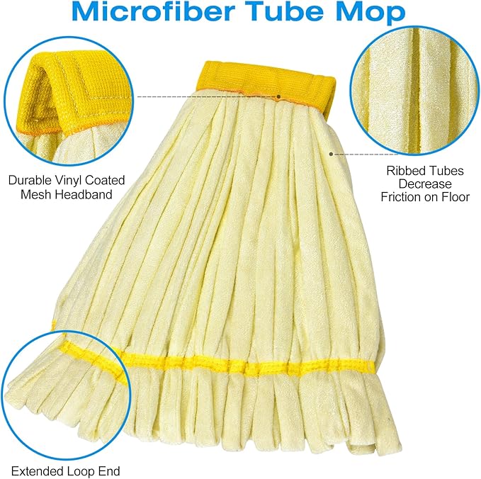 Matthew Cleaning Microfiber Tube Mop(Large,Yellow,6Pack) Heavy Duty Mop Head Replacement,Excellent Absorbency,Premium launderability,Reusable,Loop end for Home,Commercial and Industrial Use