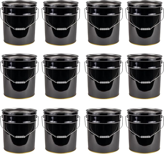 ATERET 5 Gallon Black Metal Bucket, Heavy Duty Durable Steel Open Head Pail with Handle for Outdoor and Household Use (12 Pack - Bucket Only)