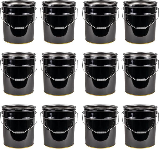 ATERET 5 Gallon Black Metal Bucket, Heavy Duty Durable Steel Open Head Pail with Handle for Outdoor and Household Use (12 Pack - Bucket Only)