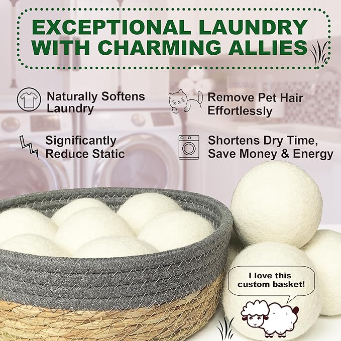 New Zealand Wool Dryer Balls | 7-Pack in Handmade Basket | Speed Up Drying & Reduce Wrinkles | Natural Reusable Fabric Softener