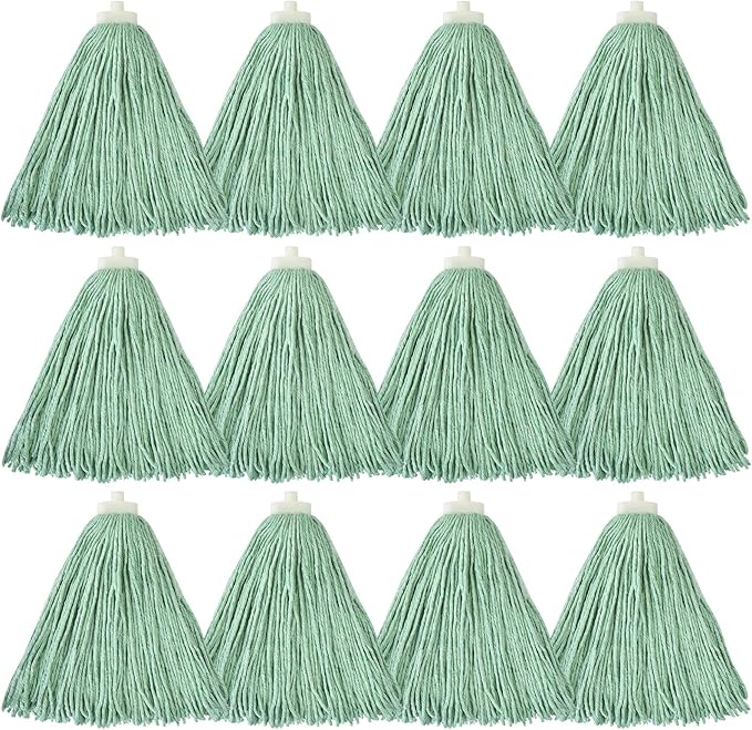 Matthew Cleaning Screw-on Heavy Duty Cotton Wet Mop Replacement Heads(Green, Medium,12 Pack) with 2 Pack Microfiber Cloth for Residential & Commercial Floor Cleaning Use- Fit Standard American Screw