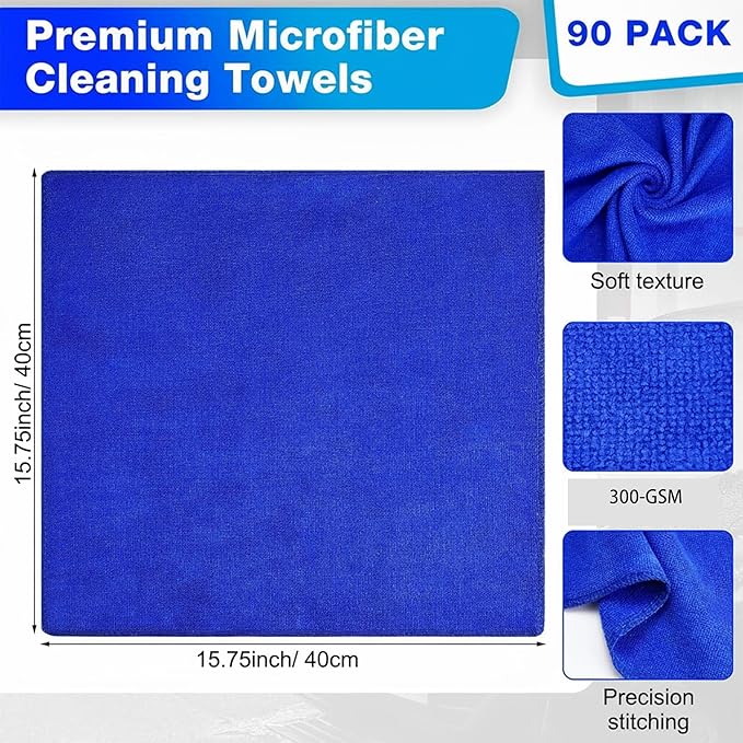 90 Pcs 15.75 Inch Microfiber Cleaning Cloths with 300 GSM Absorbent Fabric for Cars Windows Kitchen Household Surfaces and Drying Towels(Blue)
