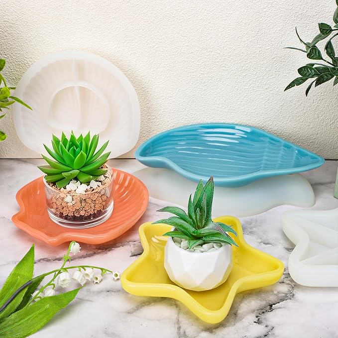 Gartful 3 Pieces Tray Resin Molds, Silicone Jewelry Dish Molds, DIY Storage Container Epoxy Casting Molds for Jewelry Ring Holders, Soap Dish, Candle Holder, 3 Large Styles(Conch & Star & Shell)
