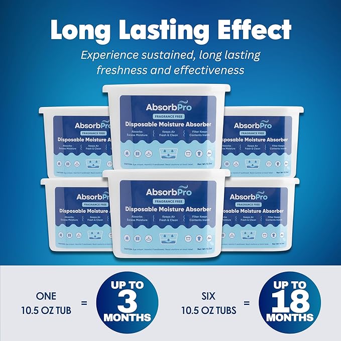 Moisture Absorber Tub Fragrance Free - 6-Pack - 10.5 oz Unscented Disposable Odor Eliminator Box & Dehumidifier for Garage, Home, Kitchen, Bedroom, Bathroom, Closet, Cars, and Boats