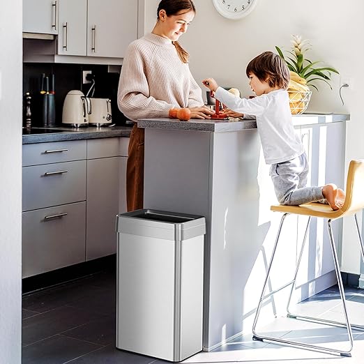 iTouchless 18 Gallon Rectangular Open Top Trash Can and Recycle Bin with Dual AbsorbX Odor Filters, Space-Saving Large Capacity Commercial Grade 68L Receptacle for Home Office, Garage, Stainless Steel