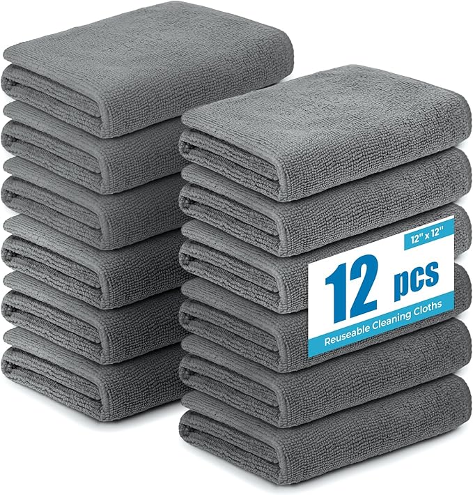 Microfiber Cleaning Cloths 12”x12” 12Pack Grey Lint Free Kitchen Cloths - Extra Thick, Streak-Free, Lint-Free, Fast Absorbent - Reusable Multi-Purpose Housekeeping Rags for Cars, Dishes, Floors, Tiles