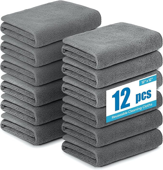 Microfiber Cleaning Cloths 12”x12” 12Pack Grey Lint Free Kitchen Cloths - Extra Thick, Streak-Free, Lint-Free, Fast Absorbent - Reusable Multi-Purpose Housekeeping Rags for Cars, Dishes, Floors, Tiles