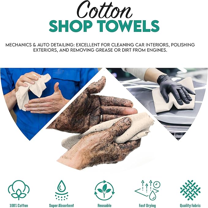 ZUPERIA Cotton Shop Towel – Multipurpose Cleaning Cloths (14" x 12" - Pack of 100 - White) Reusable Shop Rags for Automobiles, Industrial, Restaurants, Garage, and Homes