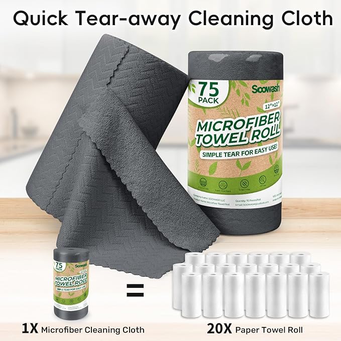 Microfiber Cleaning Cloths Roll, 75 Pack Tear Away Microfiber Towels Roll, 12" x 12" Lint Free Rags, Reusable Cleaning Cloths,Washable,Scratch Free,Ultra Absorbent Dish Rags(Dark Grey Ripple)