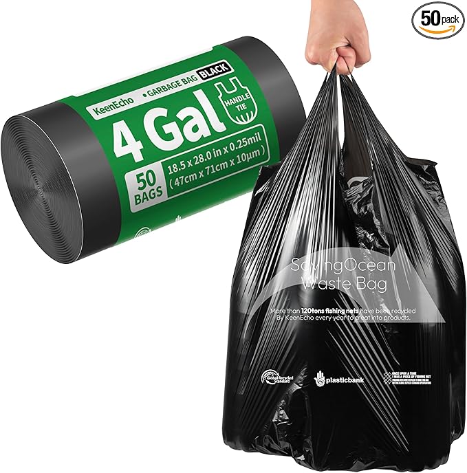 Small Trash Bags with Handles 4 Gallon 50 Count Black - Ocean Plastic Upcycling - Plastic Garbage Bags, Can Bin & Waste Basket Liner for Kitchen, Bathroom, Office and Pets