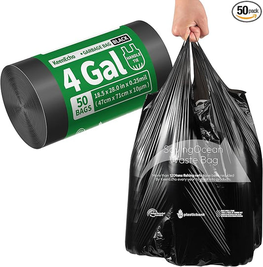 Small Trash Bags with Handles 4 Gallon 50 Count Black - Ocean Plastic Upcycling - Plastic Garbage Bags, Can Bin & Waste Basket Liner for Kitchen, Bathroom, Office and Pets