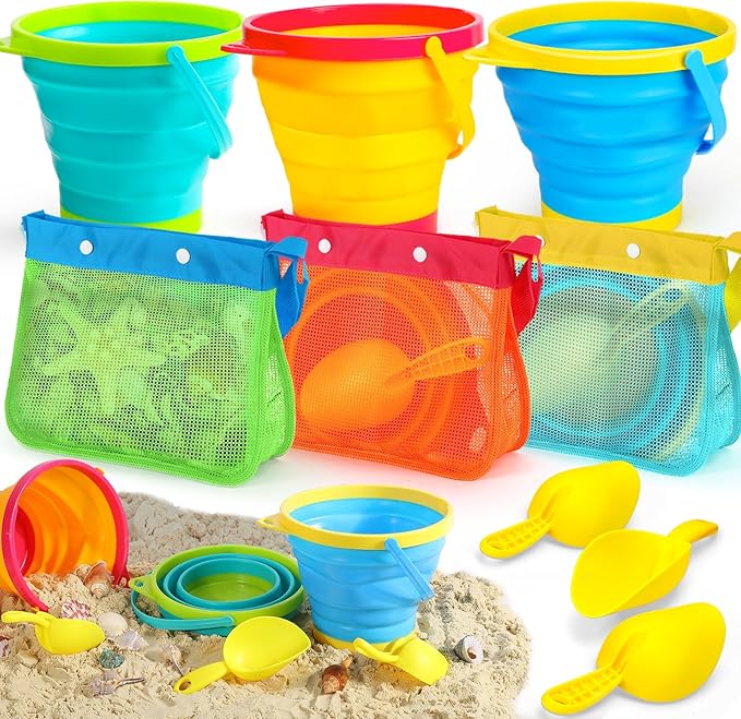 TOY Life Collapsible Beach Bucket Toys for Kids Beach Essentials with Portable 3 Seashell Bags & 3 Silicone Collapsible Sand Bucket & Shovels Travel Sand Toys Sandbox Toy for Fishing, Beach Party