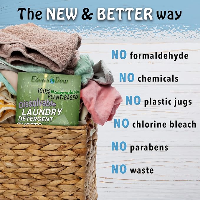 EDEN'S DEW Laundry Detergent Sheets | Biodegradable | Up to 80 Loads- 40 Sheets | Plant Based | Concentrated Liquidless Laundry Soap | No Plastic Jugs (Fresh Linen Scent, 1 pack)