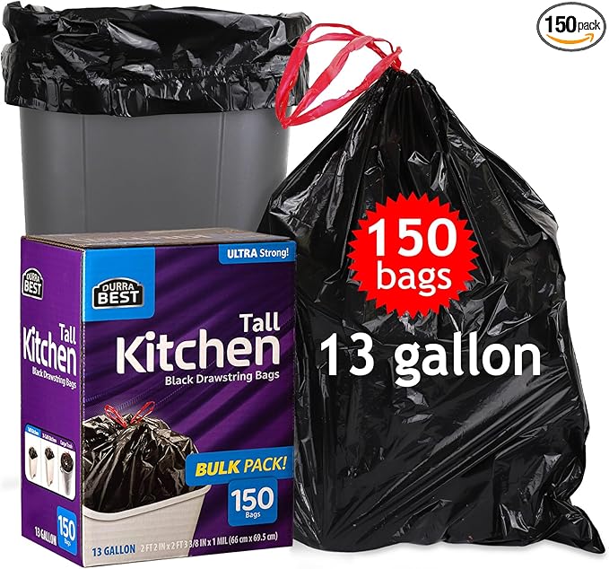 Heavy-Duty 1 Mil 13 Gallon Black Trash Bags (150 Count) - Drawstring, Leak-Resistant for Home & Commercial Use