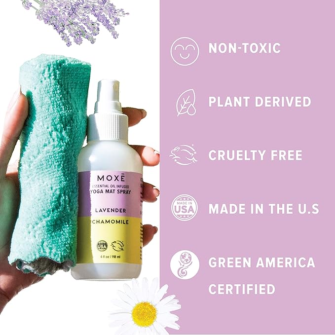 MOXE Yoga Mat Cleaner Spray, Lavender & Chamomile Essential Oil, Safe for All Mats & Exercise Equipment, Odor & Sweat Protection, Includes Microfiber Cleaning Towel, 4 Oz (2 Pack)