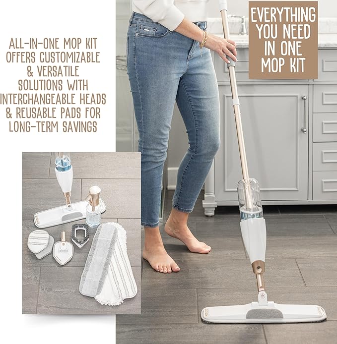 Quick Shine Ultimate Gold Spray Mop Kit | All-in-One 11 Pc Kit w/ Interchangeable Attachments | Floor Cleaner Included | No Batteries Needed | Pro Cleaning System for All Floor Types | 2-in-1 Mop