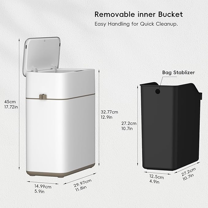 EKO Automatic Bathroom Trash Can with Lid, 2.1 Gallon Touchless Garbage Bin with Removable Bucket, Slim Stainless Steel Garbage Bin, Motion Sensor Trash Can for Bathroom, Bedroom, Office, White