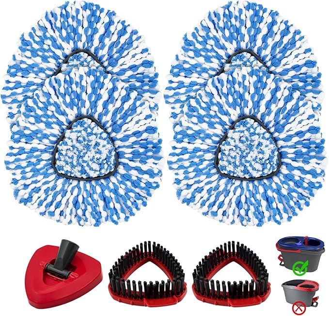 Mop Heads Replacements for O-Cedar RinseClean 2-Tank Spin Mop, Mop Replace Head for O Cedar, Mop Heads Include 4 Pack Mop Refills, 2 Scrubber Mop Heads, 1 Mop Base, Reusable, Easy to Replace