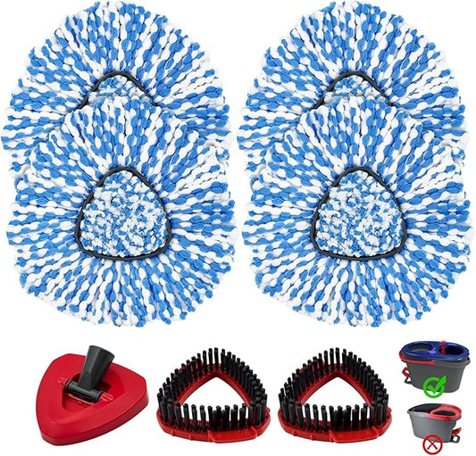Mop Heads Replacements for O-Cedar RinseClean 2-Tank Spin Mop, Mop Replace Head for O Cedar, Mop Heads Include 4 Pack Mop Refills, 2 Scrubber Mop Heads, 1 Mop Base, Reusable, Easy to Replace