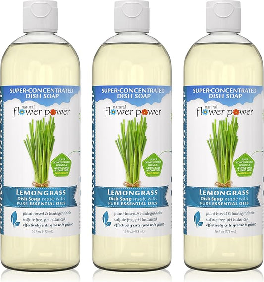 Natural Flower Power Liquid Dish Soap – Lemongrass – Plant-Based & Scented w/ Pure Essential Oils – Natural Liquid Dishwashing Detergent – Sulfate-Free Gentle Kitchen Soap – Vegan (16 Fl Oz 3 Pack)