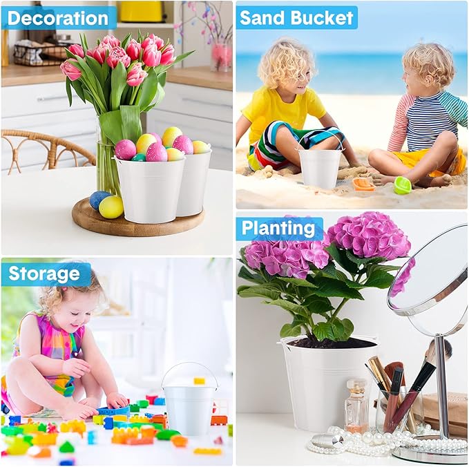 Rtteri 24 Pcs Small Metal Buckets with Handle Mini Buckets Bulk for Easter Party Favors Classroom Pencil Holder Flower Pot Plant Basket for Crafts DIY Projects, 6 x 5 Inch(White)