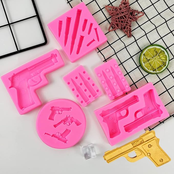 Gun Silicone Molds 3D Bullet & Pistol Shaped For Cake Decorating, Candy, Chocolate, DIY, Gummy, Desserts, Crafting, Cupcake Topper (5 Pcs)