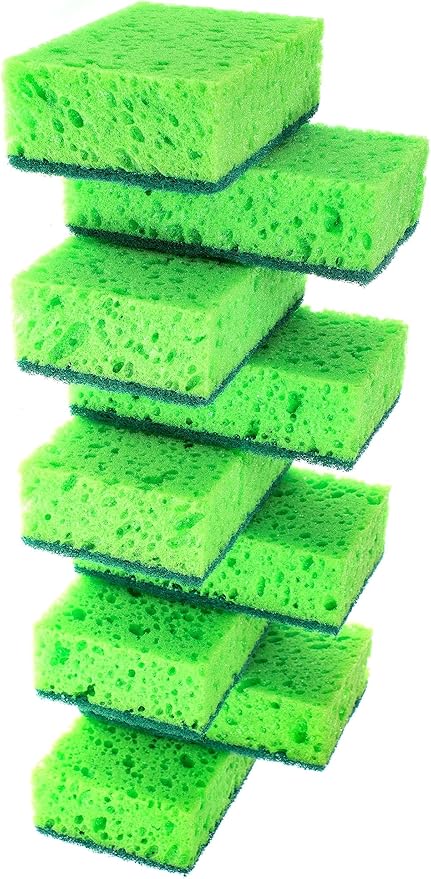 Green Multi Use Scrub Sponge. Made in Europe. 9 Pack, 4.3x2.8x1.4 inches. Odorless Heavy Duty and Non Scratch Fiber. Best, Durable, Delicate, Porous, Non Cellulose Kitchen Sponges and Scrubbers