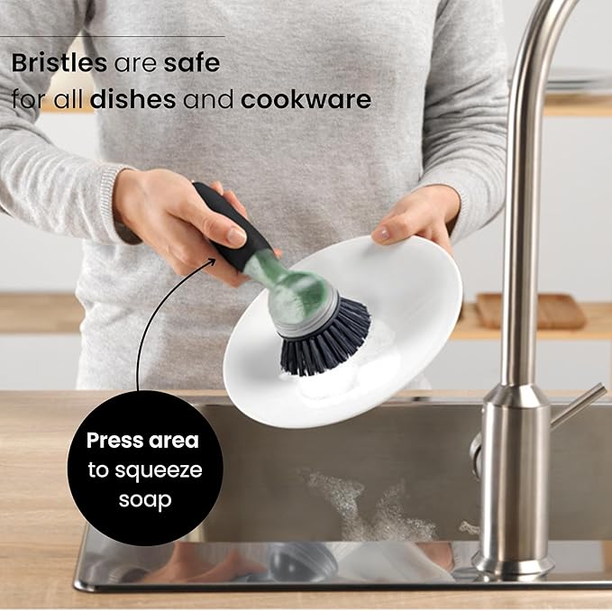 Vigar Rengo Soap Dispensing Dish Brush, Dish Brush with Soap Dispenser for Pot Scrubber, Dishes, Sink Cleaner, and Kitchen Essentials, Black