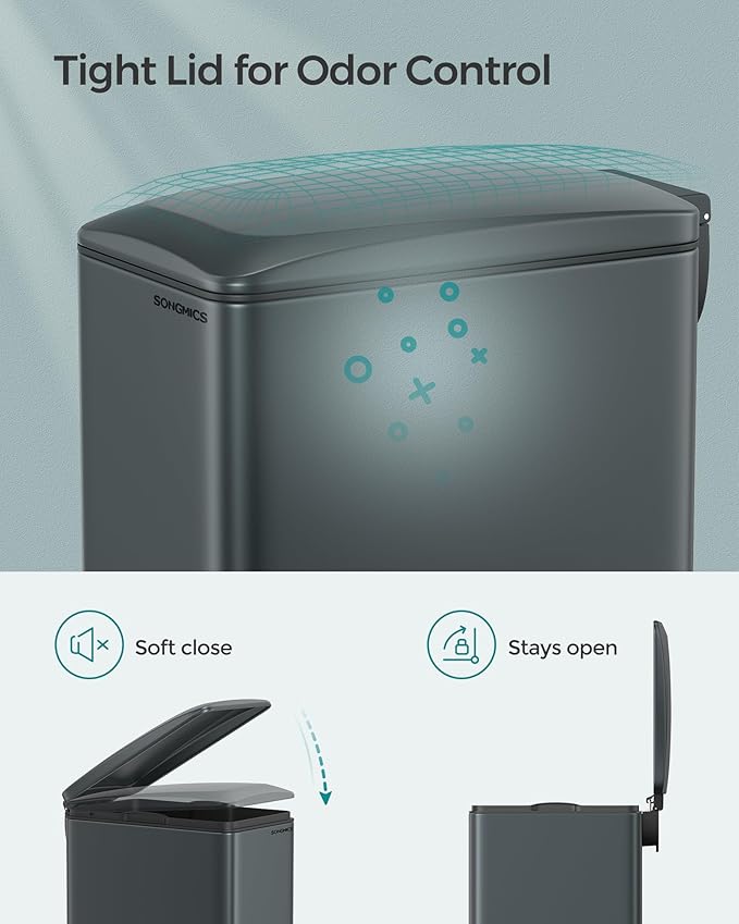 SONGMICS Slim Trash Can, 13-Gallon (50 L) Garbage Can for Narrow Spaces with Soft-Close Lid, Inner Bucket, and Step-on Pedal, Stainless Steel, 15 Trash Bags Included, Charcoal Gray ULTB510G01