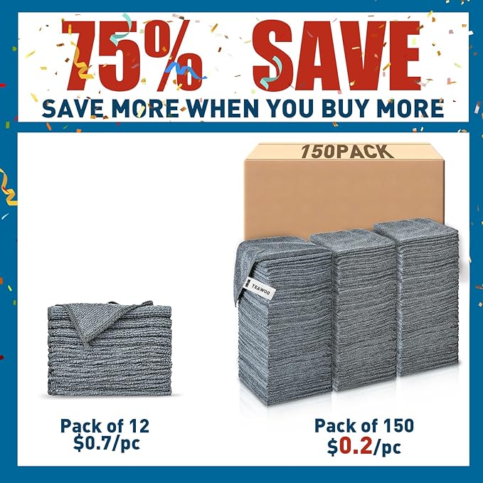 Microfiber Cleaning Cloths Bulk Pack-150 Pack, Microfiber Towels Bulk, Towels for Cars, Cleaning Rags Gray (12x12 inches)