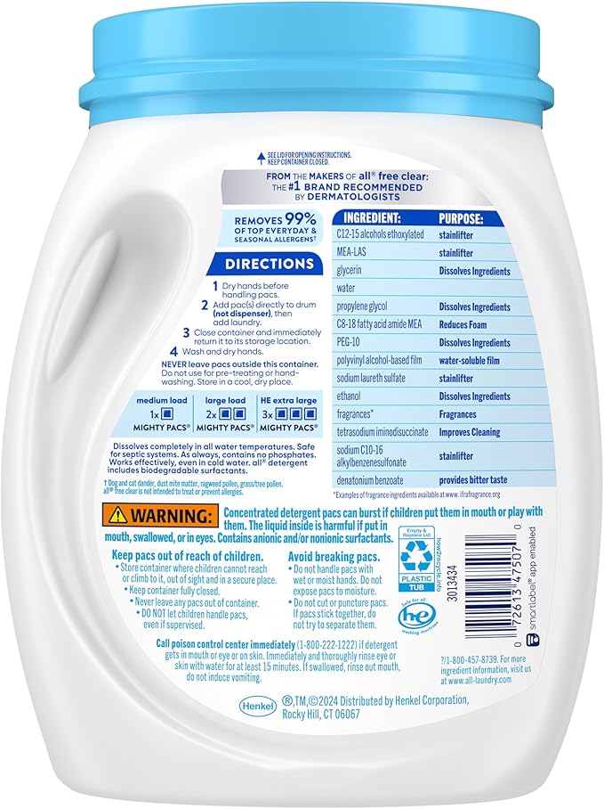 all Unit Dose Laundry Detergent, Mighty Pacs, Sensitive Fresh, 60 Count