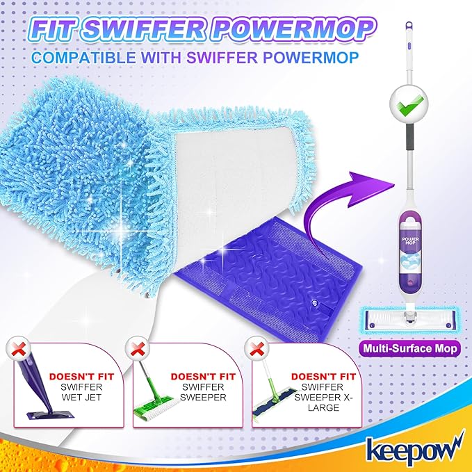 KEEPOW Reusable Mop Pads for Swiffer PowerMop - Microfiber Wet Mops Refills PowerMop Pads Refills Machine Washable Hard Floor Mop Pads Replacement for 13''-15'' Spray Floor Mops 4 Pack