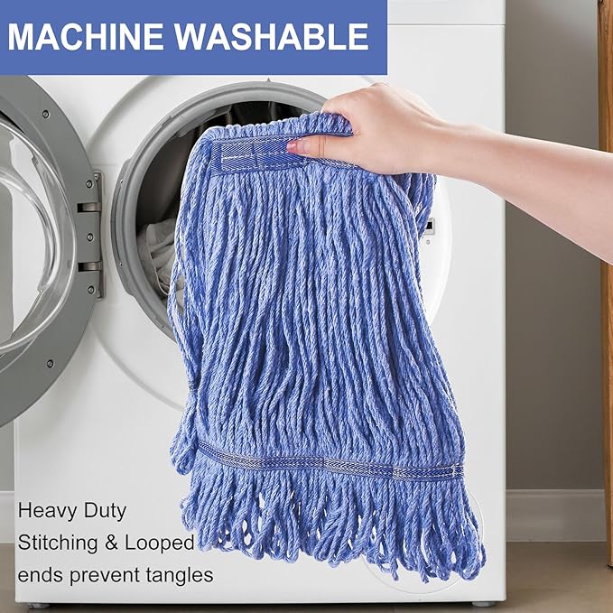 Mop Head Replacement for Heavy Duty Commercial Mops for Floor Cleaning, Wet Industrial Blue Cotton Looped End String Head Refill (Pack of 4)
