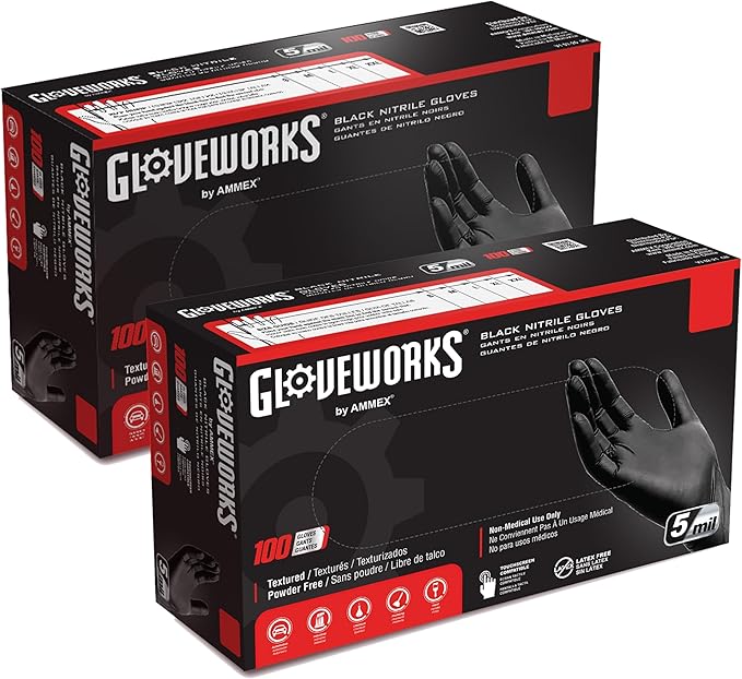 GLOVEWORKS Black Nitrile Gloves Disposable Latex Free, 5 Mil Industrial, For Mechanic, Cleaning, Cooking, Kitchen, Food Grade
