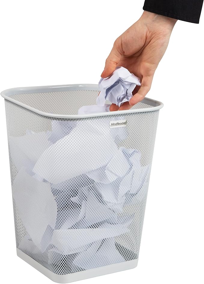 Mind Reader Mesh Trash Can, Square Wastebasket for Office or Home, 5 Gallon Capacity, Metal Mesh, Set of 2, White