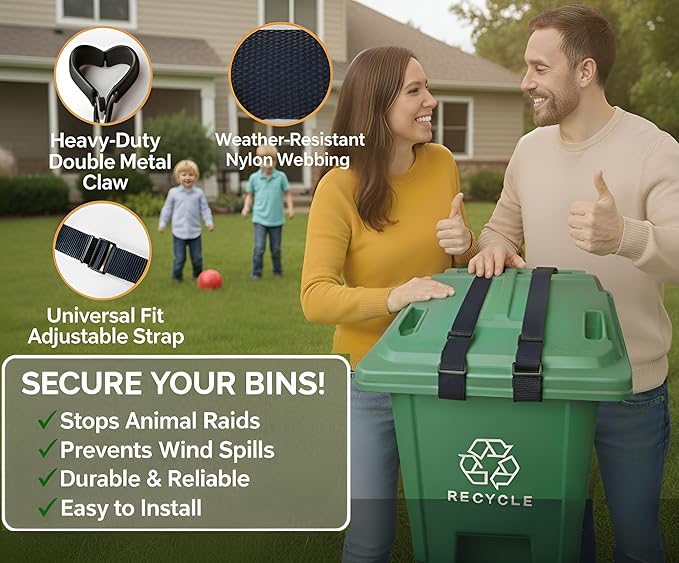 Premium 2 Trash Can Locks for Animals Garbage Straps Lid Wheelie Bin Locks Enclosure Cans Clips Out Raccoon Raccoons Hide Outside Strap Resistant Security Critter Trashcan Deterrent