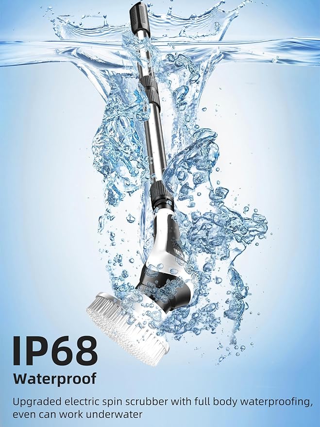 Electric Spin Scrubber,Cordless Shower Scrubber with Power Display Screen,IP68 Waterproof Bath Cleaning Brush,Adjustable Extension Handle & 2 Speeds,Electric Cleaning Brush for Bathroom,Kitchen,Tub
