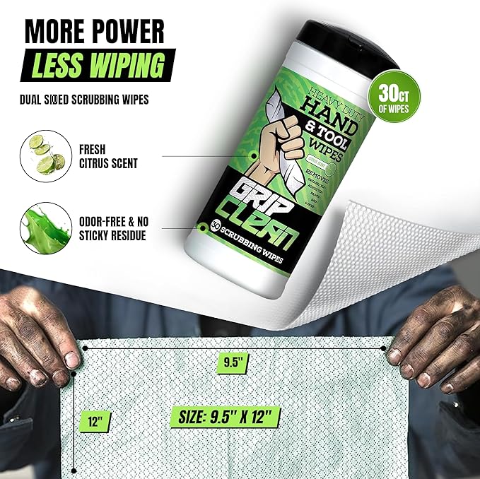 Grip Clean Heavy Duty Hand & Tool Cleaning Wipes – Waterless Hand Cleaner for Mechanics, Garage & Shop Use – Dual-Sided Grease, Oil & Paint Remover Wipes with Citrus Scent - 30ct