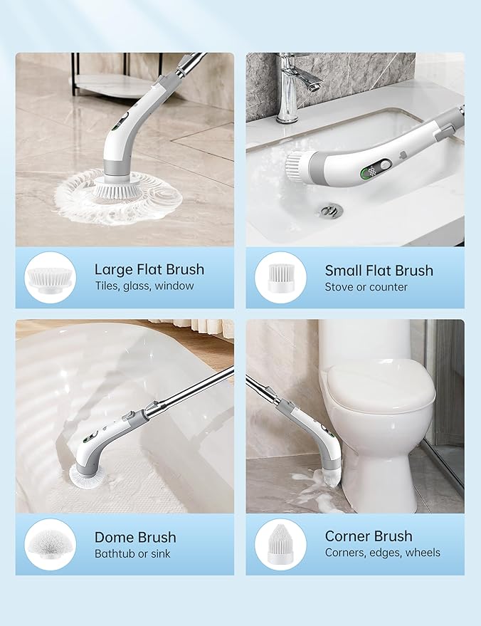 Electric Spin Scrubber with LED Display, IPX7 Waterproof Powerful Shower Scrubber, 2H Runtime, 2 Speeds, Adjustable Handle, 8 Brush Heads, Cleaning Brushes for Household Use Bathtub Tile Car