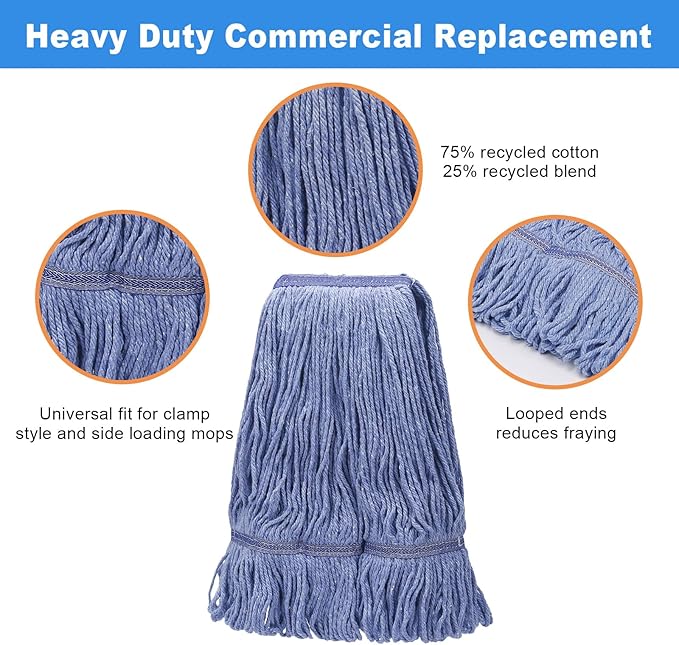 2 Pack Mop Head Replacements,General Cleaning Mop Heavy Duty Commercial and Industrial Replacement Mop Head, Wet Industrial Blue Cotton Looped End String Head Refills Head (Blue)